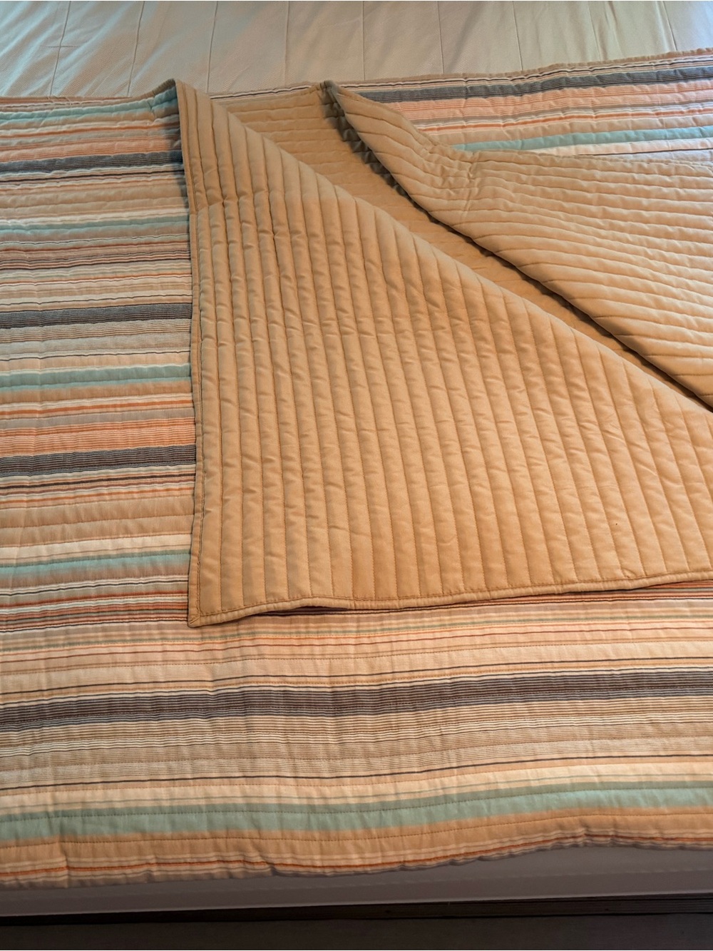 Striped Cotton Quilt with Reversible Solid Beige Side